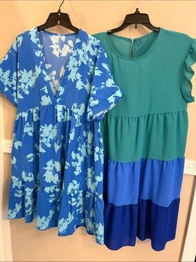 SHEIN Blue Floral and Teal Colorblock Summer Dresses